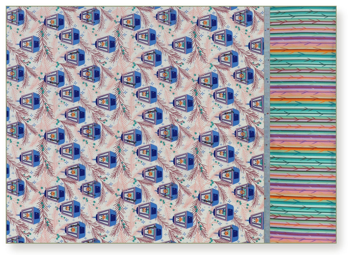 Frost & Fir Adventures burrito pillowcase kit: blue gondola and pine bough body, light blue sparkle flange, rainbow tree stripe cuff