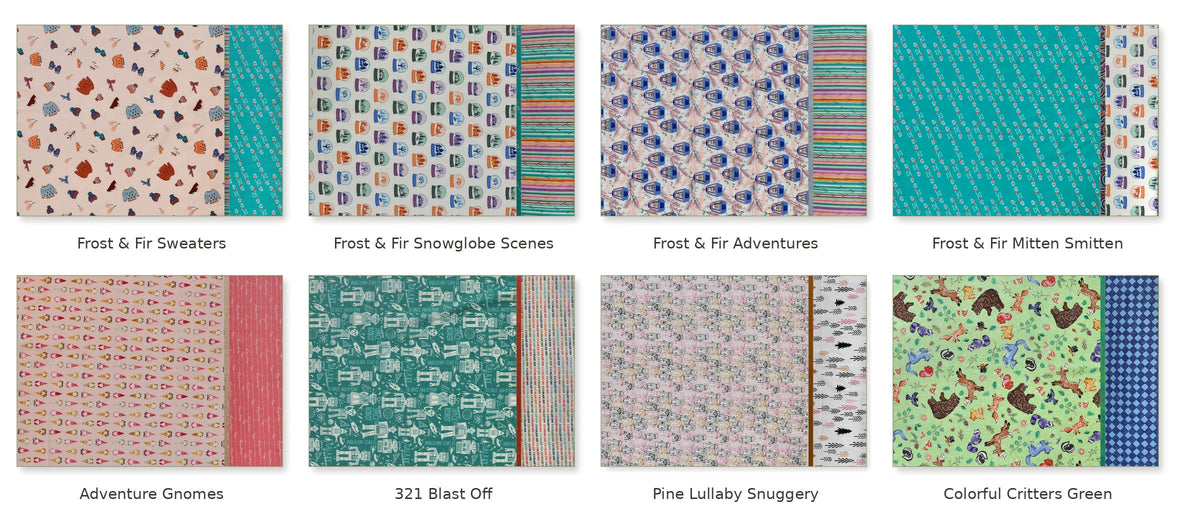 Burrito Pillowcase Kit in 8 prints: finished pillowcase mockups showing body, flange and cuff fabrics