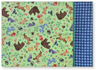 Colorful Critters Green burrito pillowcase kit: woodland critters on green body, green tonal flange, blue check cuff