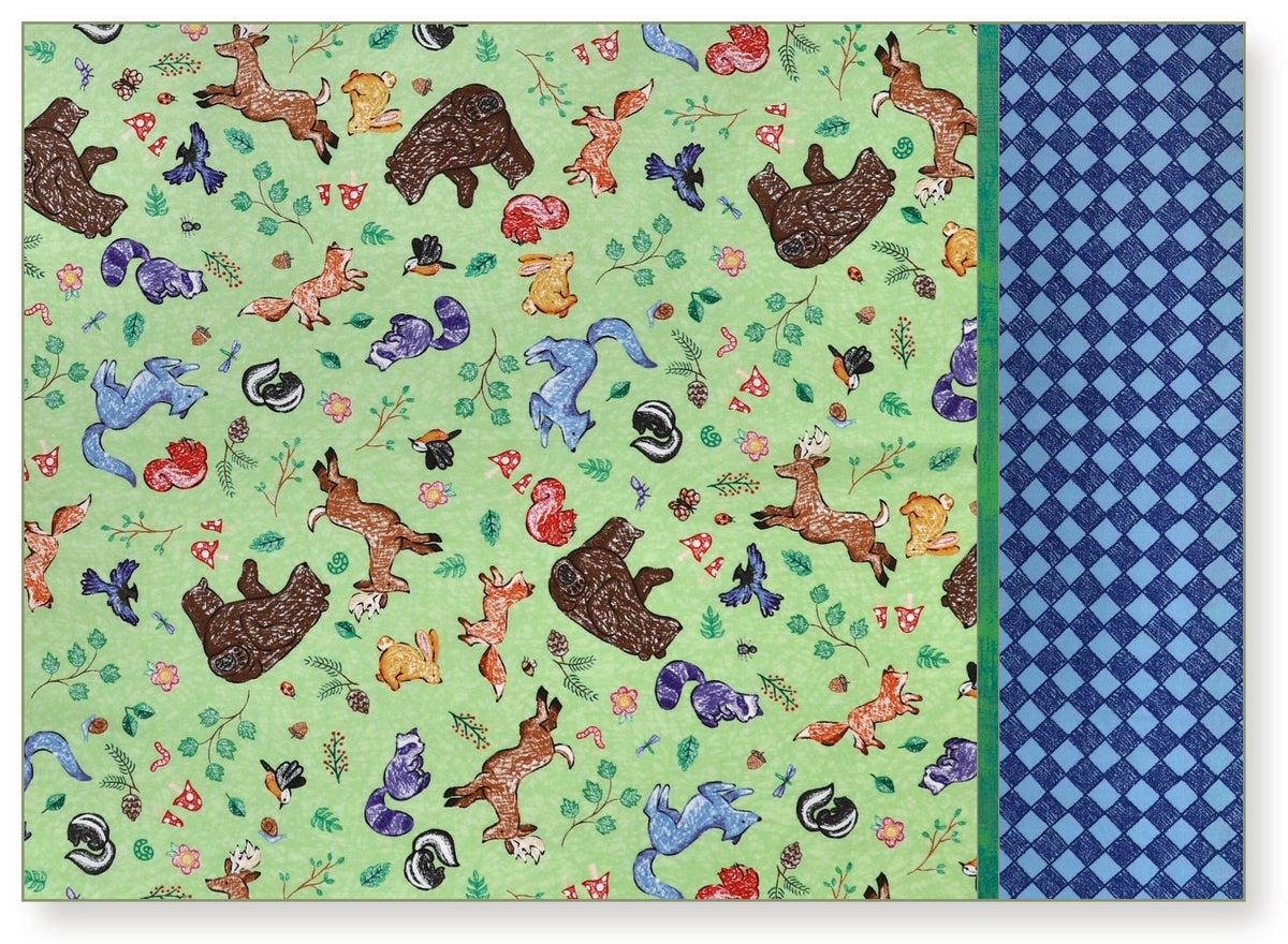 Colorful Critters Green burrito pillowcase kit: woodland critters on green body, green tonal flange, blue check cuff