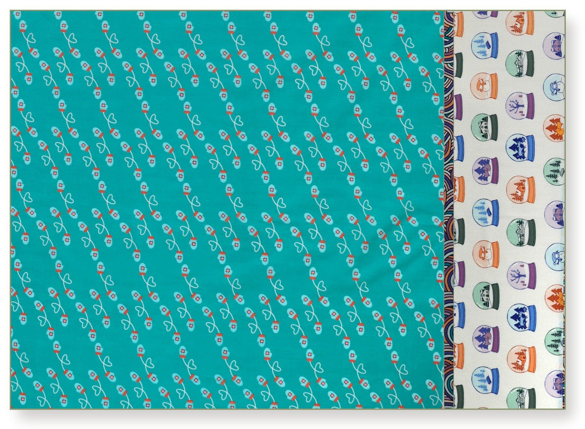 Frost & Fir Mitten Smitten burrito pillowcase kit: teal mitten print body, rainbow swirl flange, snowglobe print cuff
